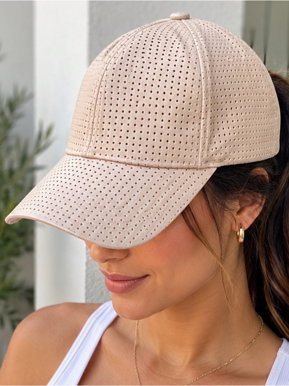 David & Young Beige Perforated Faux Leather Baseball Cap Hat Adjustable Size OS